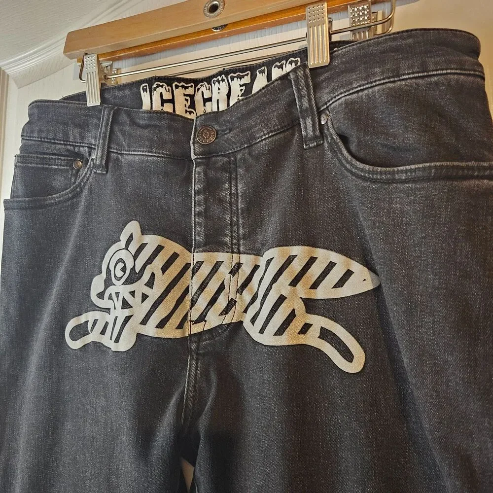 BBC IceCream Jeans Black Wash Slim Straight Fit Sz 34 Running Dog